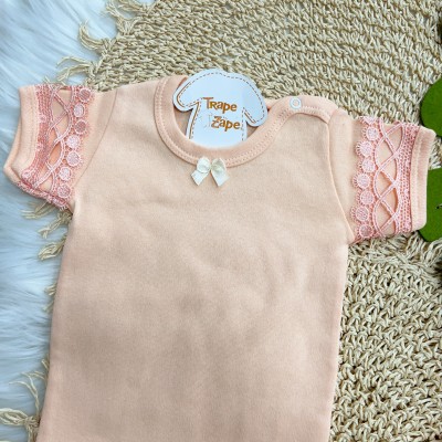 Conj. Body Manga Curta Rendada e Calça Laço - Salmão